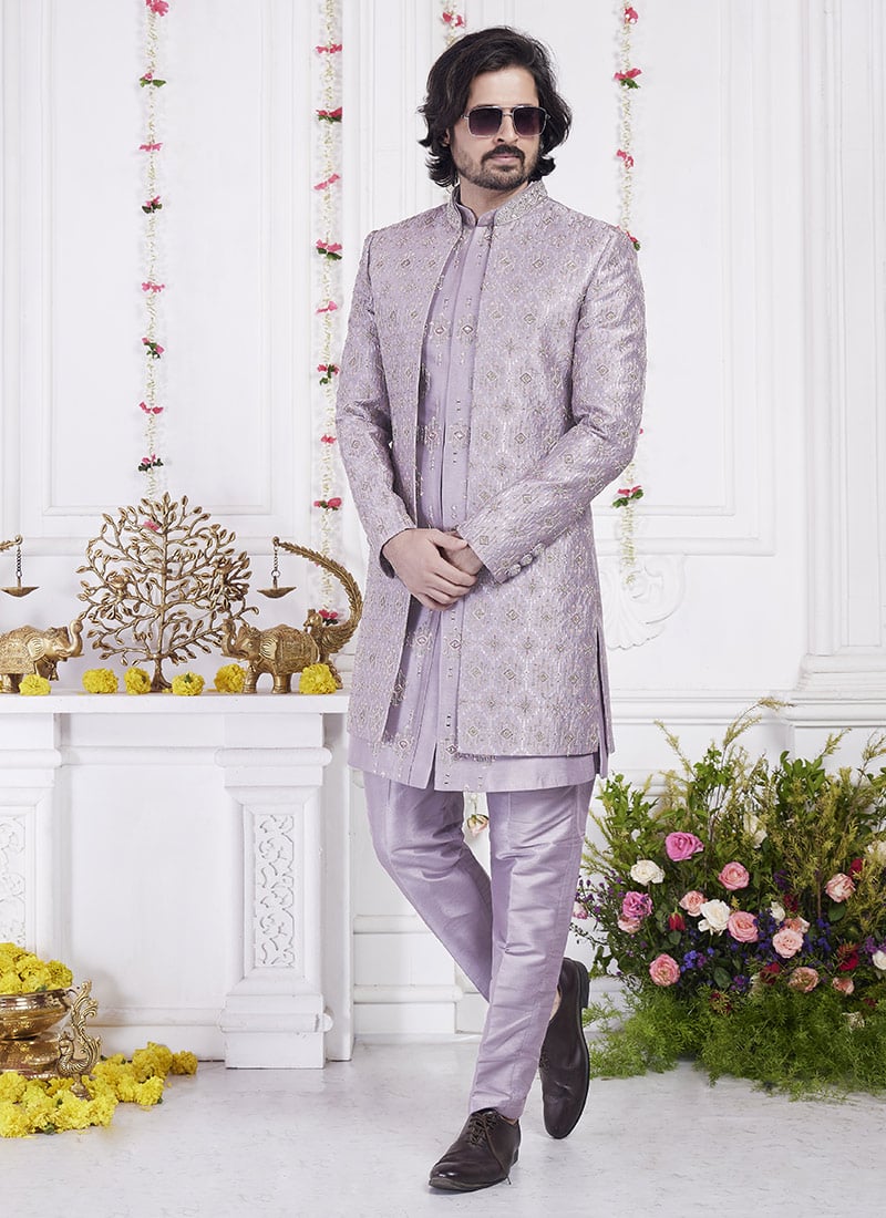 Dark Onion Silk Hand Embroidered Stone And Beads Work Indowestern Sherwani