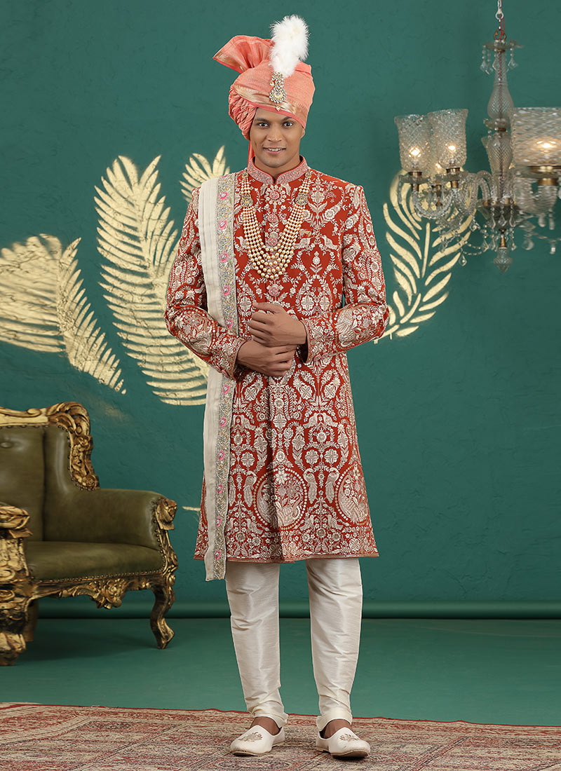 Dark Orange Art Silk Sequins Thread Hand Embroidered Indowestern Sherwani Wedding Wear