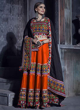Dark Orange Art Silk Thread Embroidered Chaniya Choli