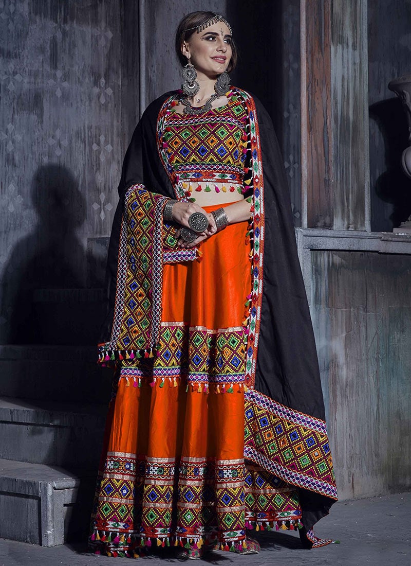 Dark Orange Art Silk Thread Embroidered Chaniya Choli Festive Wear