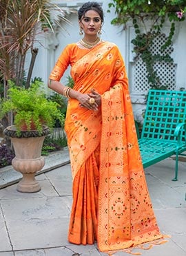 Dark Orange Benarasi Silk Jacquard Work Saree