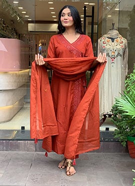 Dark Orange Cotton Embroidered Angarkha Style Straight Pant Suit