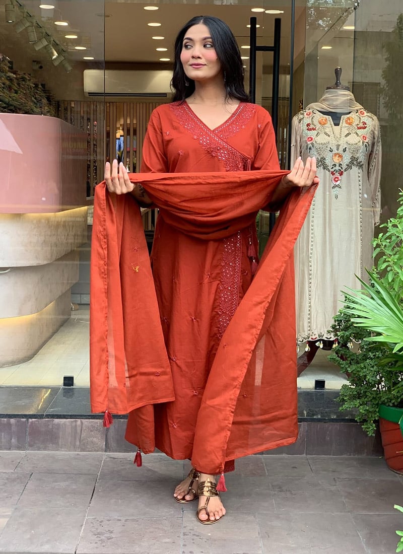Dark Orange Cotton Embroidered Angarkha Style Straight Pant Suit Festive Wear