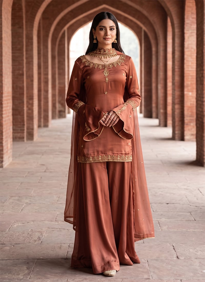 Dark Orange Crepe Silk Embroidered Palazzo Suit After Six Wear