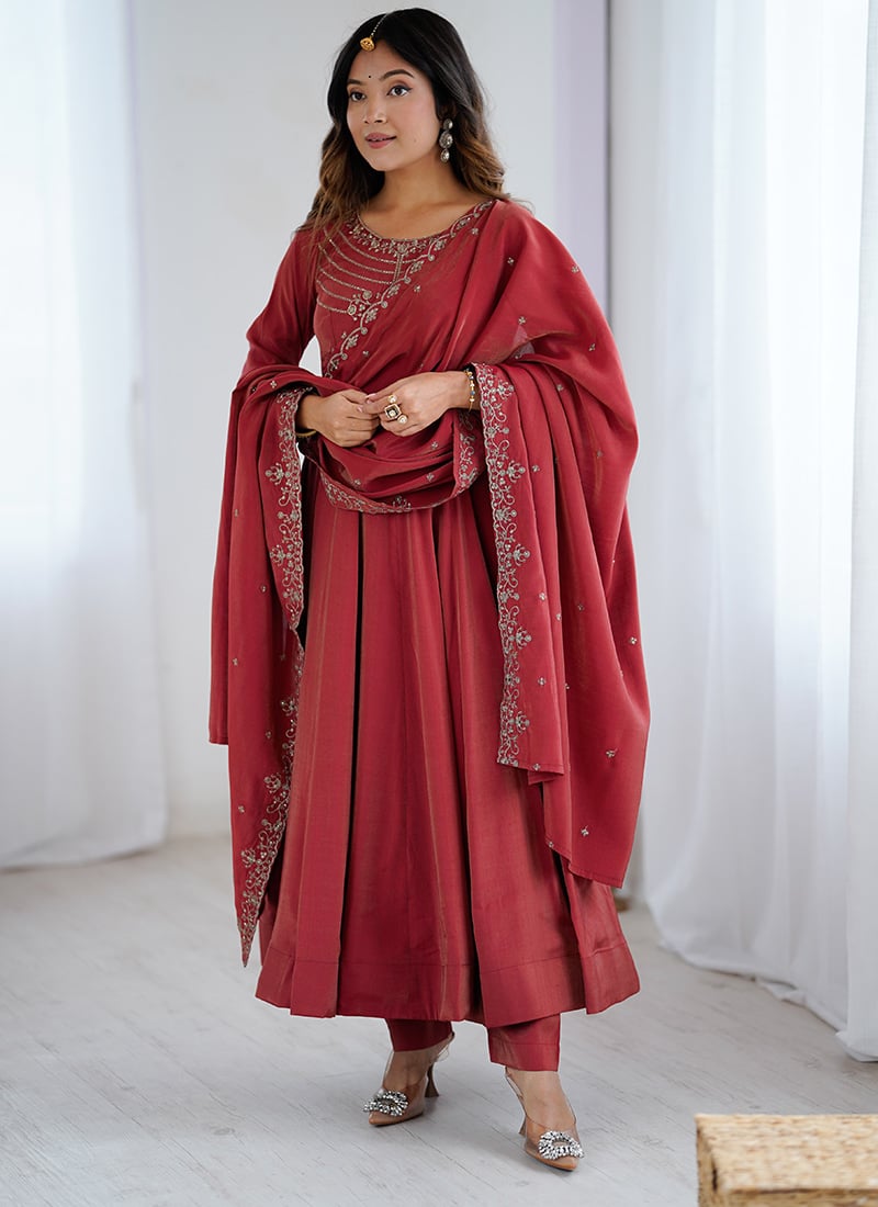 Dark Orange Embroidered Silk Anarkali Suit Festive Wear