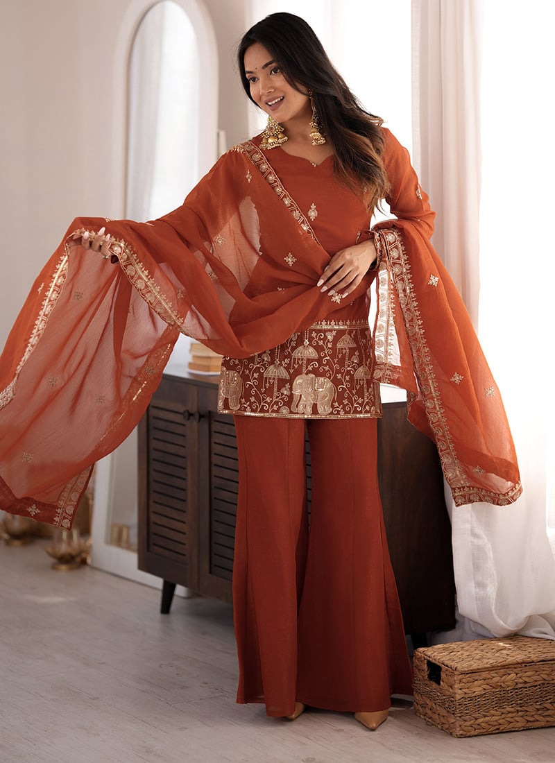 Dark Orange Embroidered Silk Palazzo Suit Festive Wear
