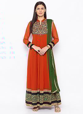Dark Orange Georgette Embroidered Straight Pant Suit