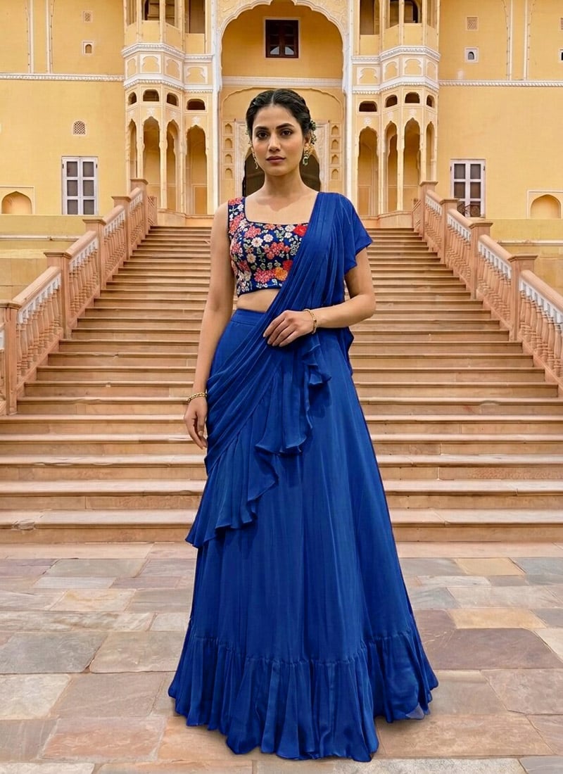 Blue Georgette Resham Embroidered Ruffle Lehenga Festive Wear