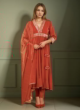 Dark Orange Rayon Zari Gota Patti Anarkali Suit