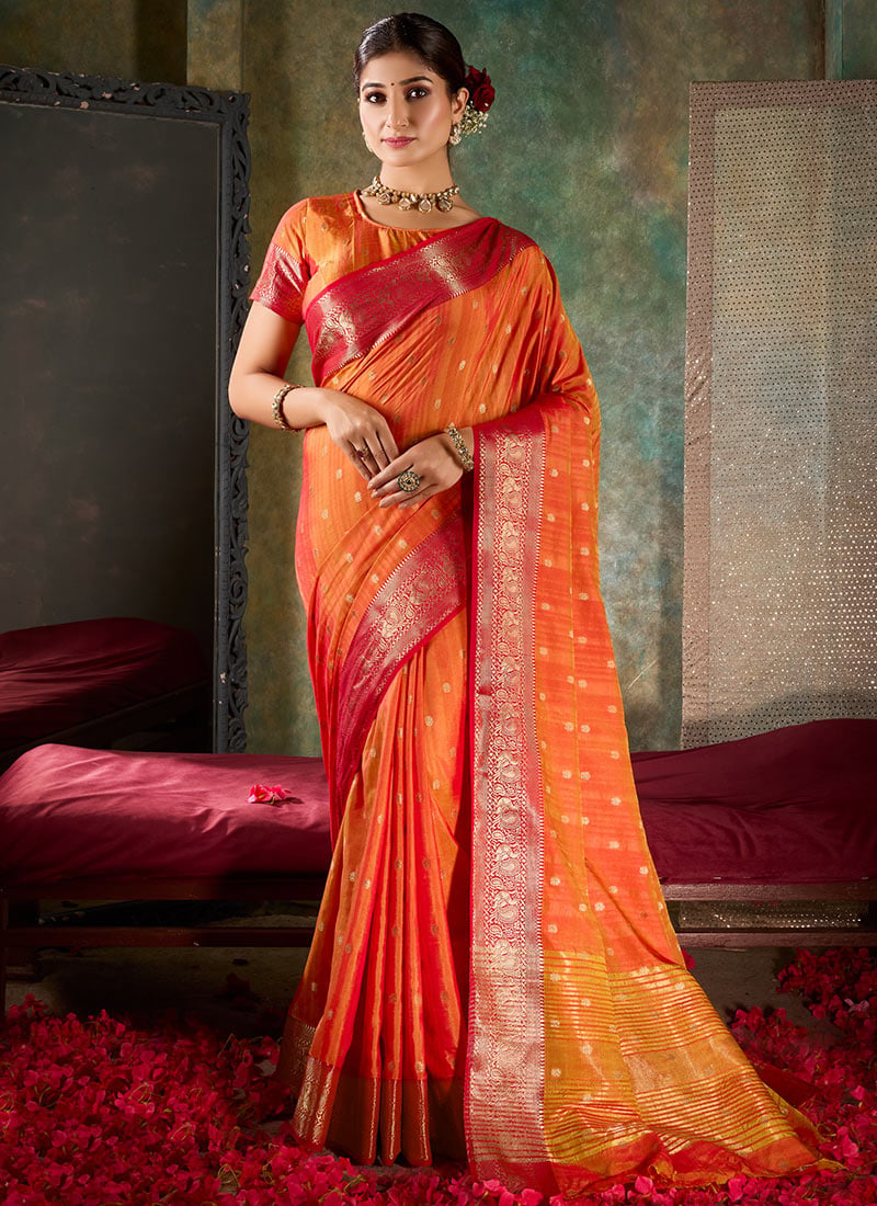 Dark Orange Shimmer Tussar Silk Jacquard Zari Saree Festive Wear