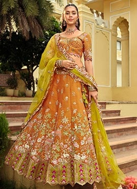 Dark Orange Silk Embroidered Sequins Mirror Work Cut Work Stones Thread Umbrella Lehenga