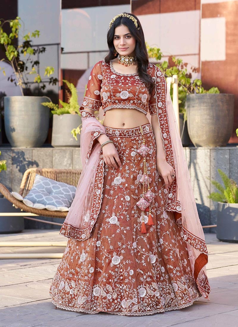 Dark Orange Silk Zari Embroidered Sequins With Stone Work Lehenga