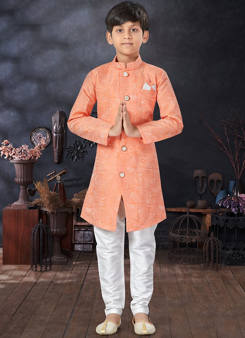 Dark Peach Art Silk Jacquard Kids Boys Indowestern Sherwani Party Wear