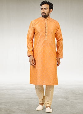 Dark Peach Jacquard Silk Brocade Kurta Pyjama