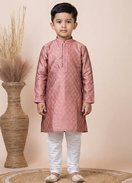 Dark Peach Jacquard Silk Kids Boys Kurta Pyjama
