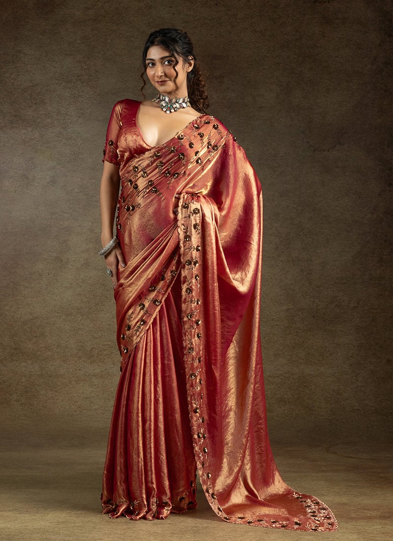 Dark Peach Satin Silk Hand Embroidered Sequins With Applique And Stone Work Saree Wedding Wear-SASNF8119