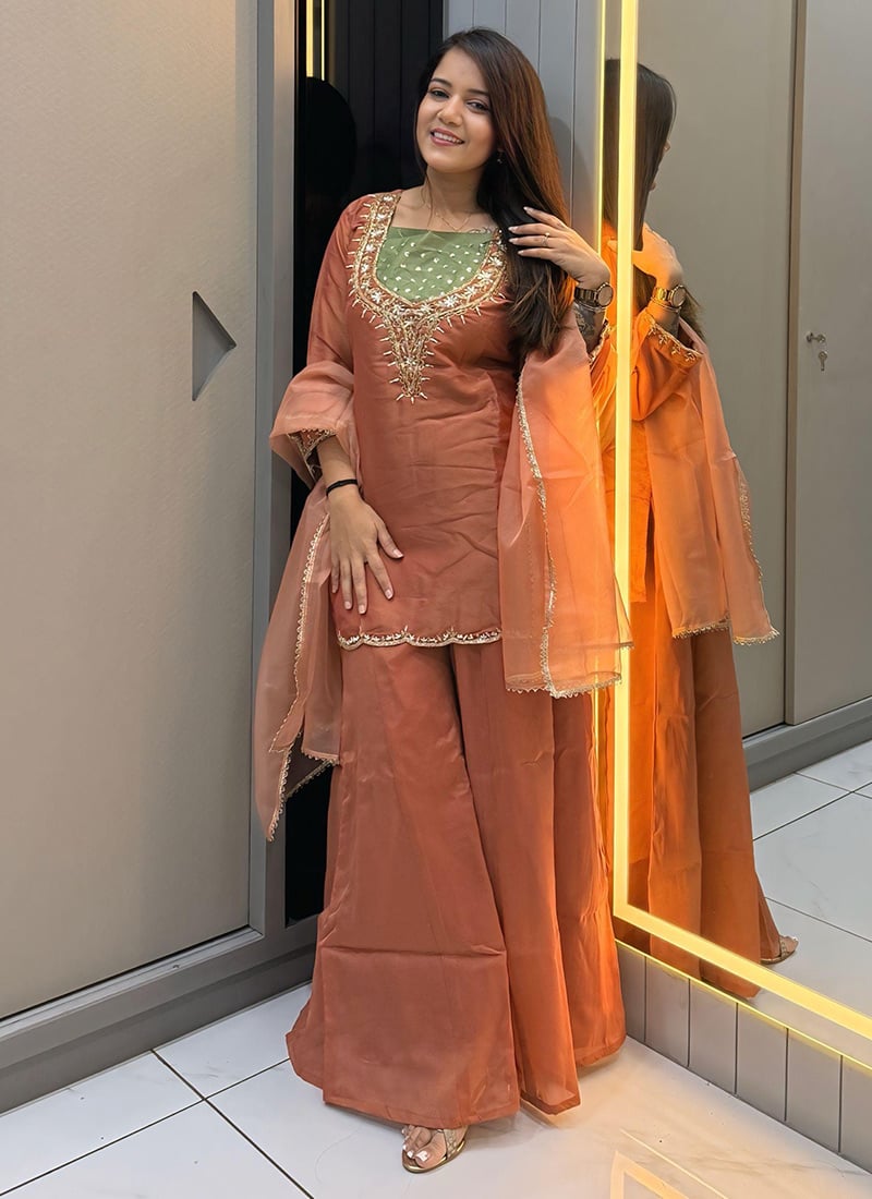 Dark Peach Shimmer Silk Sequins Zardosi Beads Hand Embroidered Palazzo Suit Festive Wear
