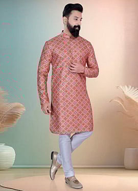 Dark Peach Soft Cotton Thread Embroidered Sequins Printed Kurta Pyjama