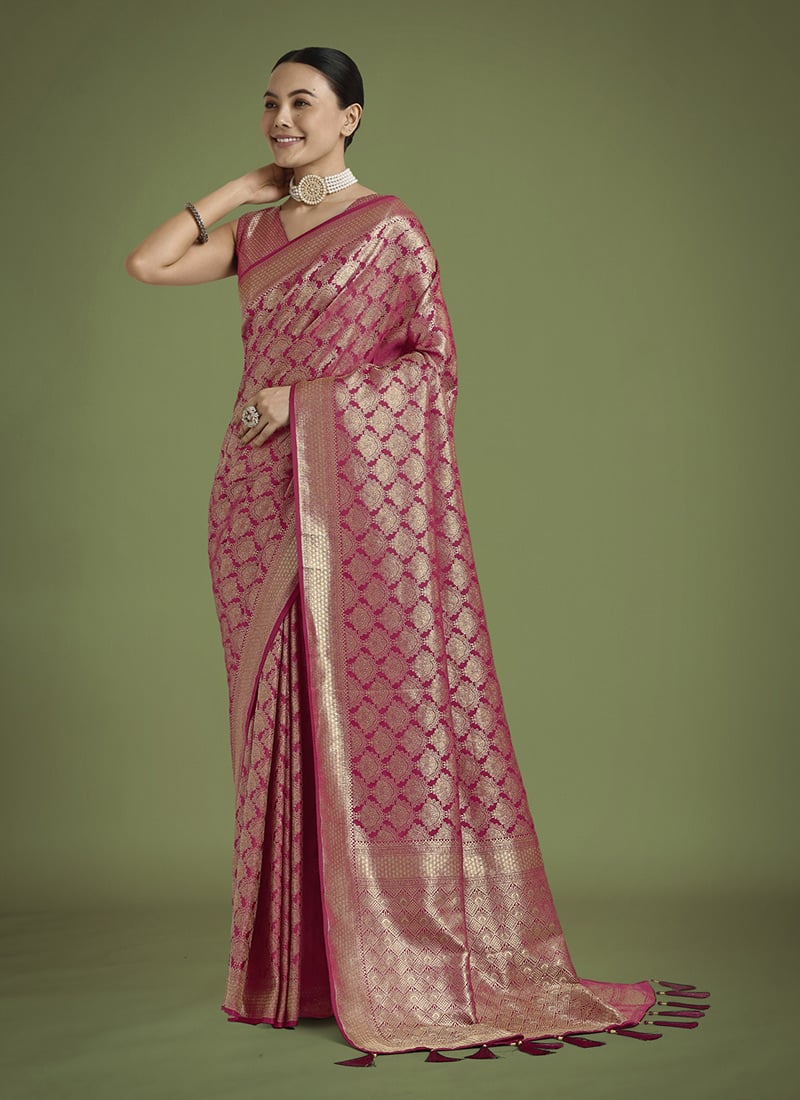 Dark Pink Banarasi Silk Zari Woven Saree Festive Wear