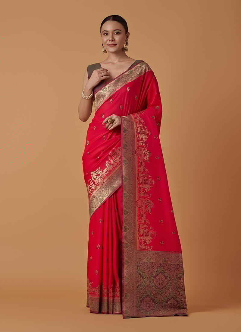 Dark Pink Banarasi Silk Zari Woven Saree