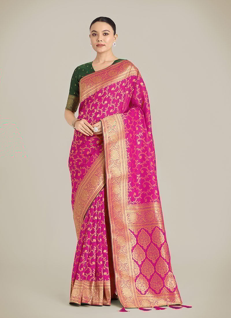 Dark Pink Banarasi Silk Zari Woven Saree Festive Wear