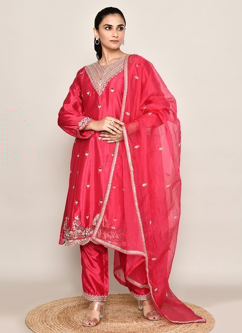 Dark Pink Chinon Embroidered Sequins A Line Straight Pant Suit Festive Wear