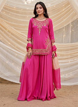 Dark Pink Crepe Silk Embroidered Sequins Palazzo Suit