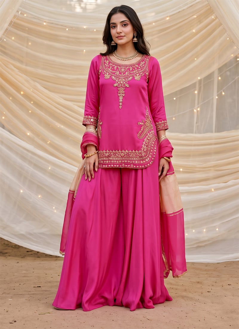 Dark Pink Crepe Silk Embroidered Sequins Palazzo Suit Festive Wear