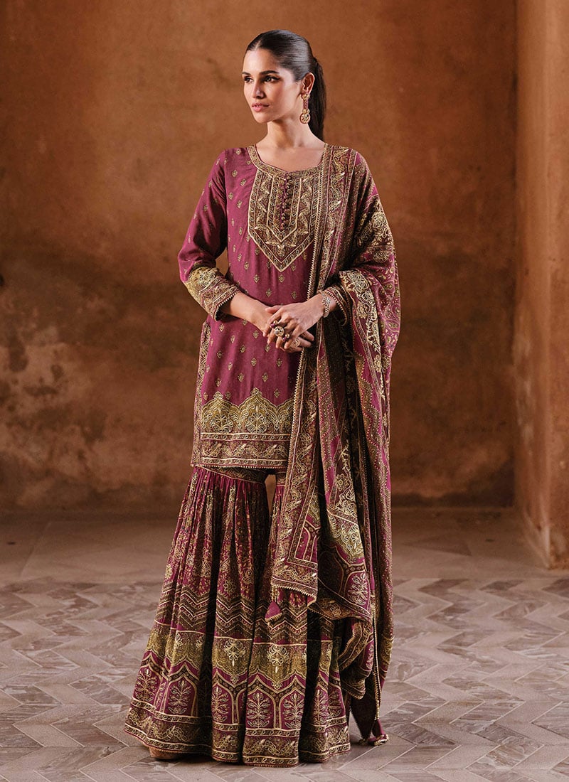 Dark Pink Crepe Silk Printed Embroidered With Stone Work Classy Sharara Suit Festive Wear-SLSCC55305455