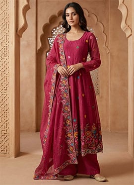 Dark Pink Crunchy Silk Embroidered Sequins Anarkali Suit
