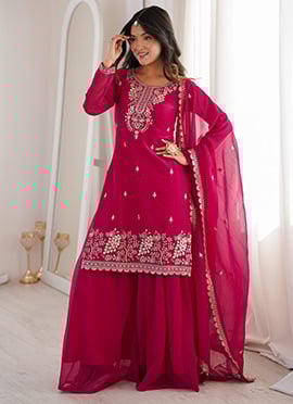 Dark Pink Crunchy Silk Zari Embroidered Sequins Palazzo Suit