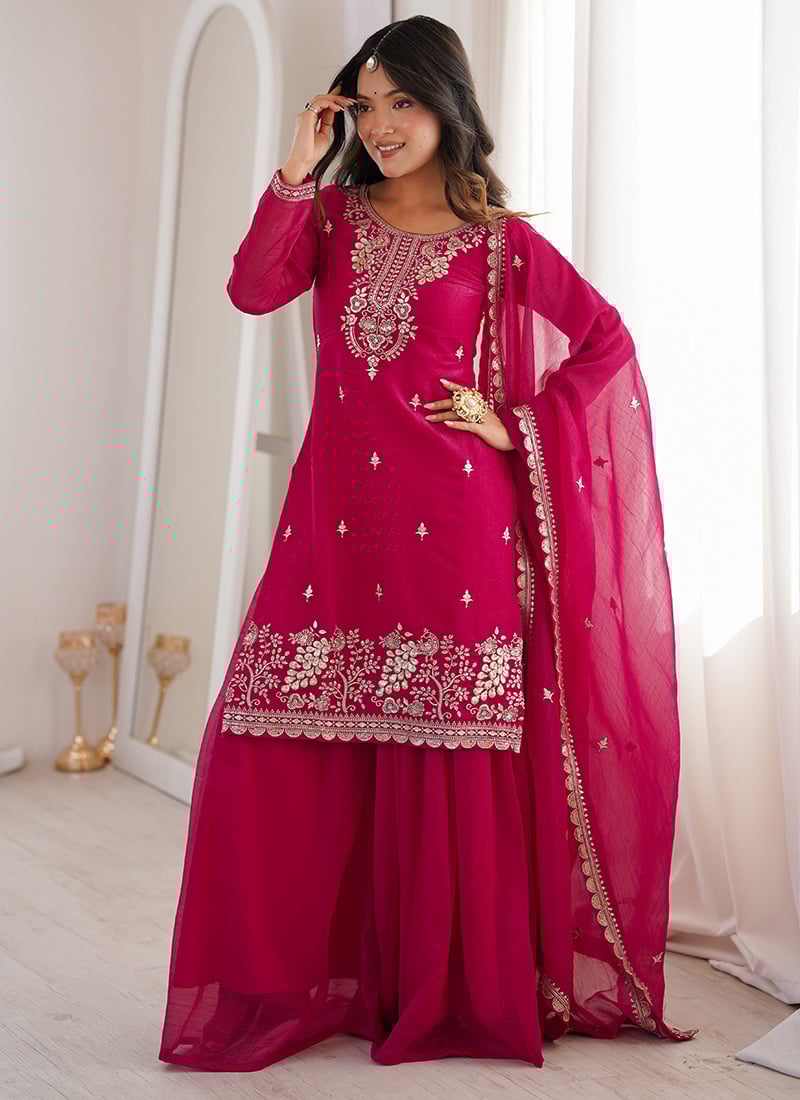 Dark Pink Crunchy Silk Zari Embroidered Sequins Palazzo Suit Festive Wear