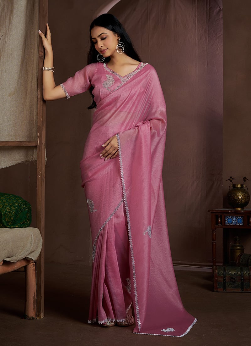 Dark Pink Crush Silk Stone Work Saree Festive Wear