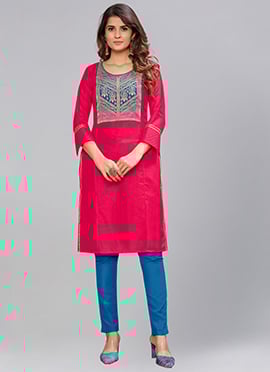 Dark Pink Dola Silk Jaquard Yoke Knee Length Kurti