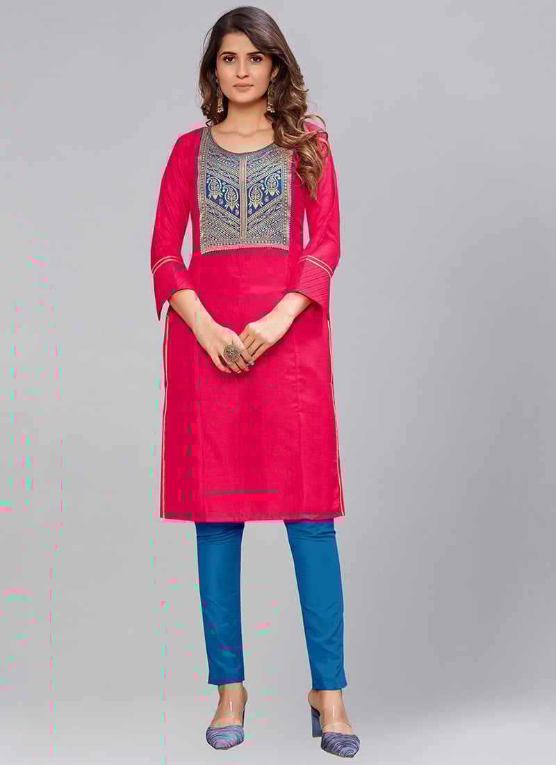 Dark Pink Dola Silk Jaquard Yoke Knee Length Kurti Work Wear