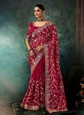 Dark Pink Fancy Silk Zari Embroidered Sequins Stones Saree