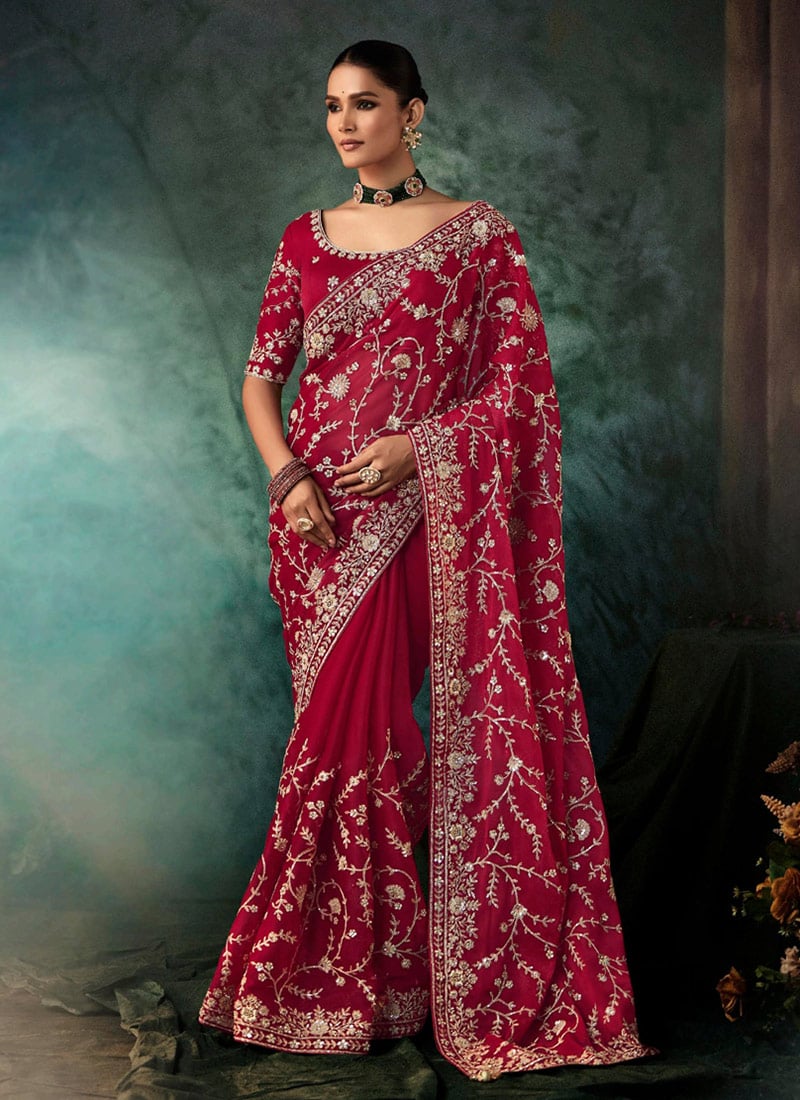 Dark Pink Fancy Silk Zari Embroidered Sequins Stones Saree Wedding Wear