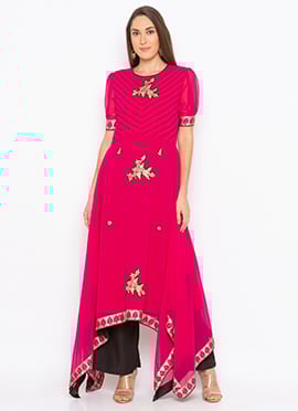 Dark Pink Georgette Embroidered Kurta Straight Pant Set