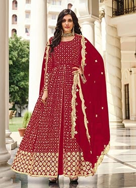 Dark Pink Georgette Mirror Embroidered Anarkali Suit