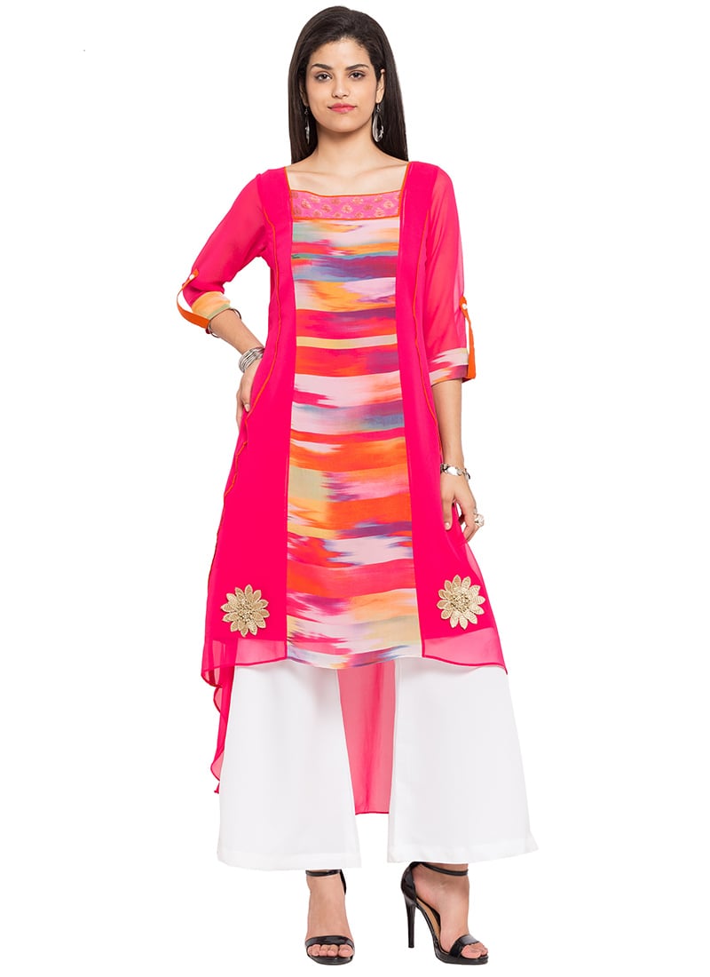 Dark Pink Georgette Printed Asymmetrical Kurti After Six Wear
