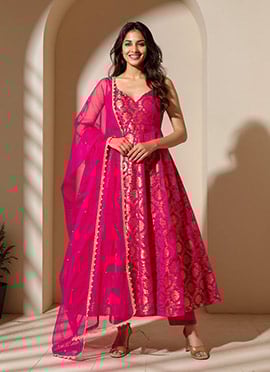 Dark Pink Jacquard Silk Anarkali Suit Festive Wear