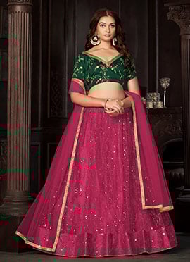 Dark Pink Net Traditional Umbrella Lehenga With Embroidery And Sequins
