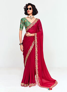 Dark Pink Organza Tissue Embroidered Border Saree