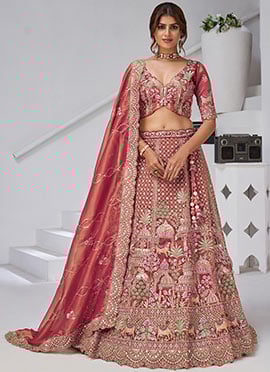 Dark Pink Organza Tissue Zari Embroidered Sequins With Stone Work Lehenga