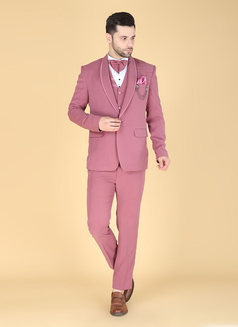 Dark Pink Polyester Cotton Tuxedo Suit Wedding Wear