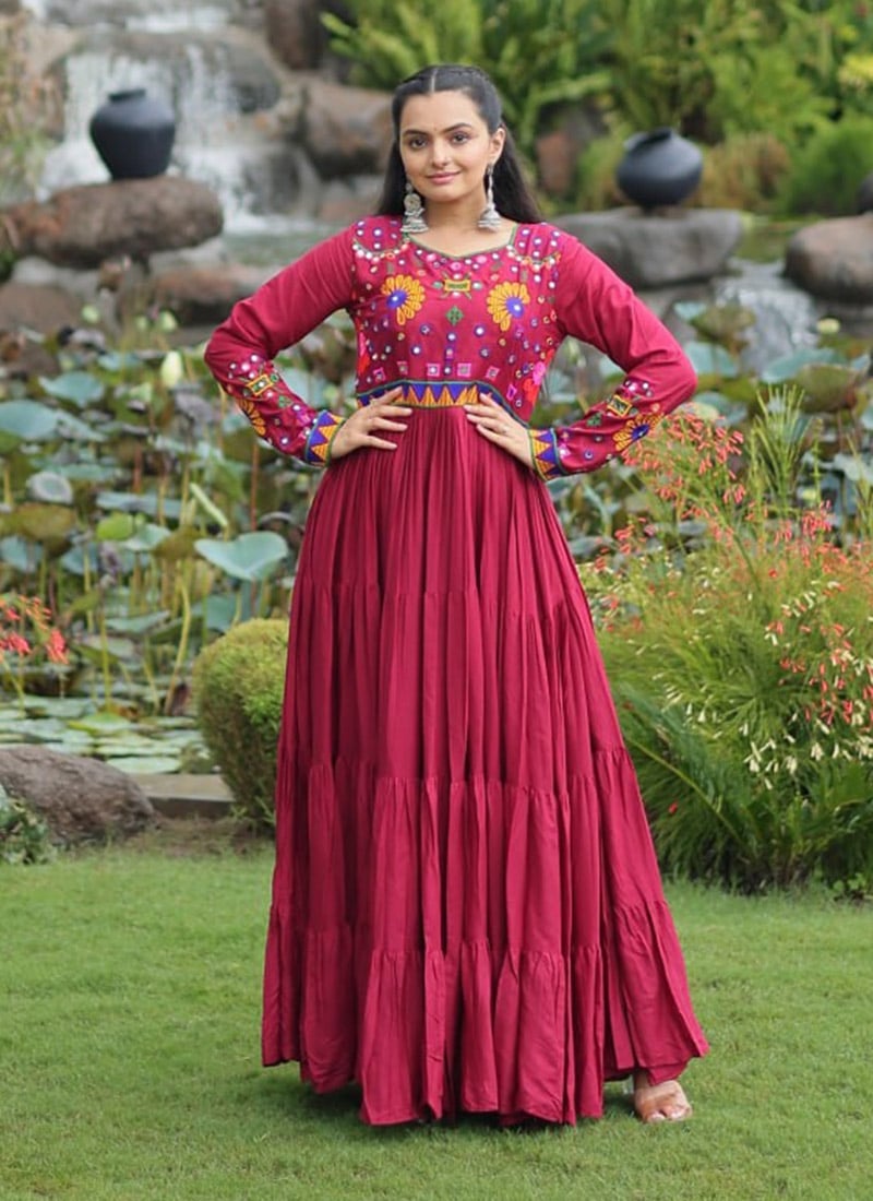 Dark Pink Rayon Kutch Gamthi Work Anarkali Gown