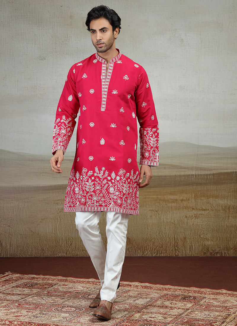 Dark Pink Silk Embroidered Kurta Pyjama Festive Wear