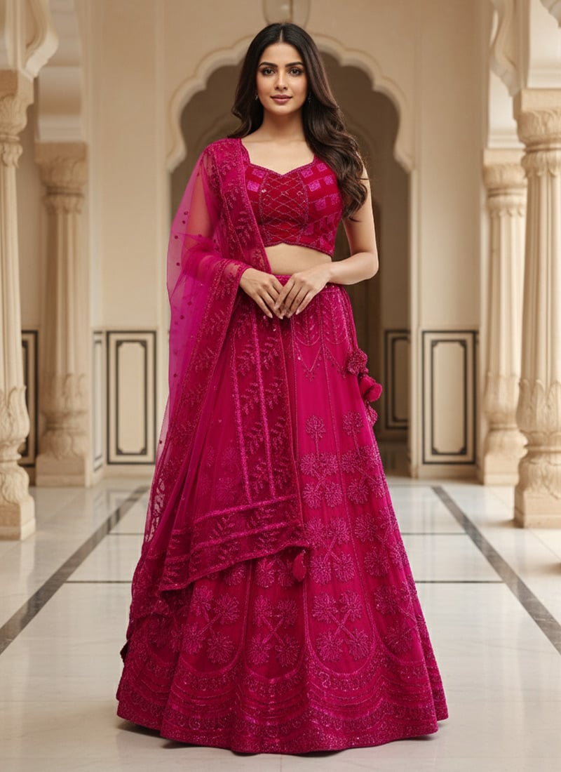 Dark Pink Silk Sequins Embroidered Lehenga Wedding Wear