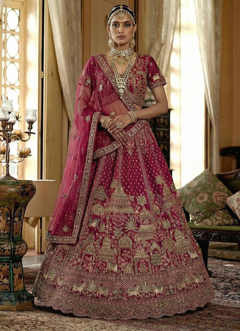 Dark Pink Silk Zari Embroidered Sequins Lehenga Wedding Wear