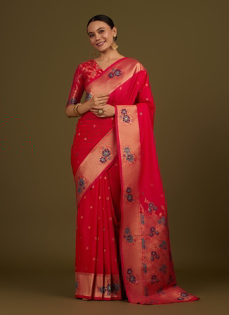Dark Pink Silk Zari Woven Elegant Saree Festive Wear